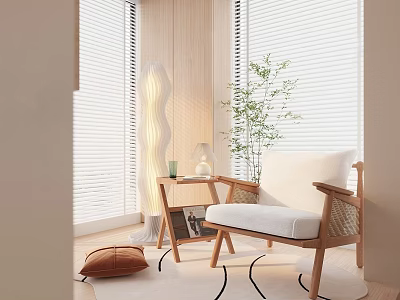 Cozy Modern Leisure Chair with Window Blinds Plant Side Table and Lamp 3d model