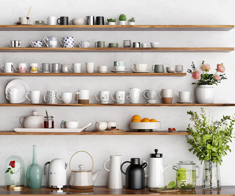Various Colored Patterned Cups Display With Decorative Vases Oranges And Teapots On Wooden Shelves 3d model 