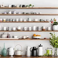 Various Colored Patterned Cups Display With Decorative Vases Oranges And Teapots On Wooden Shelves