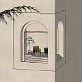 Modern Archway Interior With Steps Comfortable Chair Side Table And Green Plant