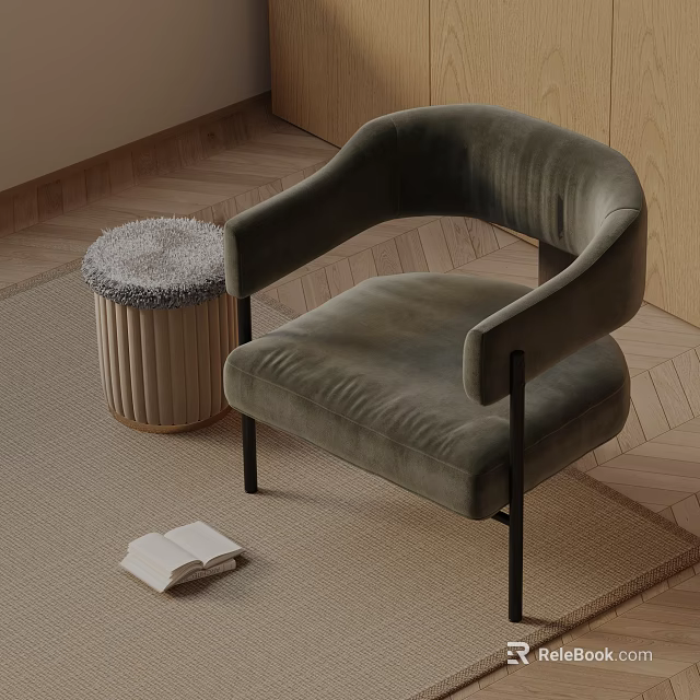 Cozy Modern Velvet Accent Chair with Ottoman and Open Book on Wooden Floor Rug 3d model 
