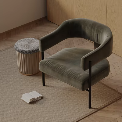 Cozy Modern Velvet Accent Chair with Ottoman and Open Book on Wooden Floor Rug 3d model