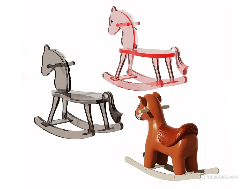 Colorful Building Block Rocking Horses Gray Pink Brown Wooden Kids Play Toys 3d model 