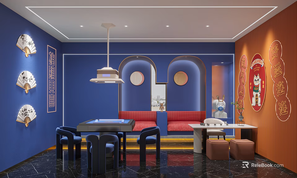 Modern Hot Pot Restaurant Interior With Blue Walls And Red Sofas 3d model 