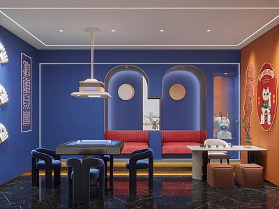 Modern Hot Pot Restaurant Interior With Blue Walls And Red Sofas 3d model