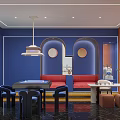 Modern Hot Pot Restaurant Interior With Blue Walls And Red Sofas 3d model