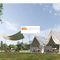 Glamping Tents In Outdoor Grassy Field With Trees Canopy Seating And Blue Sky View
