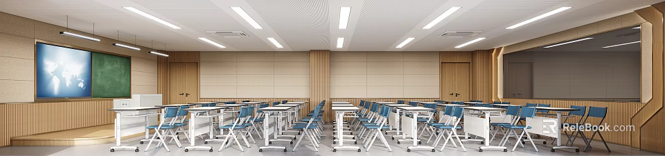 School’s Modern Classroom Interior With Desks Chairs And Ceiling Lights 3d model 