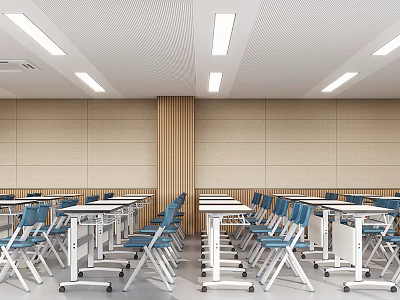 School’s Modern Classroom Interior With Desks Chairs And Ceiling Lights 3d model