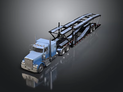 Blue Car Transporter Truck With Flatbed Trailer And Multiple Racks Shiny Exterior 3d model