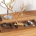 Elegant Decorative Ornament Set with Golden Deer Antler Wooden Tray and Jewelry on Vanity Table