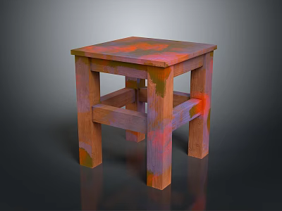 Colorful Painted Wooden Stool With Square Top Four Legs And Unique Artistic Design 3d model