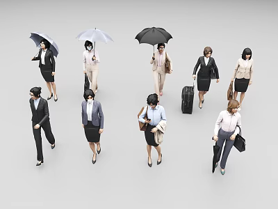 Group of Business People Walking in Professional Attire with Umbrellas Suitcases and Bags 3d model