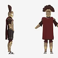 Two Ancient Warrior Characters In Decorative Armor With Plumed Helmets And Red Cloaks