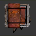 Red Cylindrical Object Mounted On Wooden Stand With Metal Binding Straps