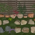Rustic Garden Landscape With Wooden Fence Natural Stones Green Plants Red Shrubs And Purple Flowers