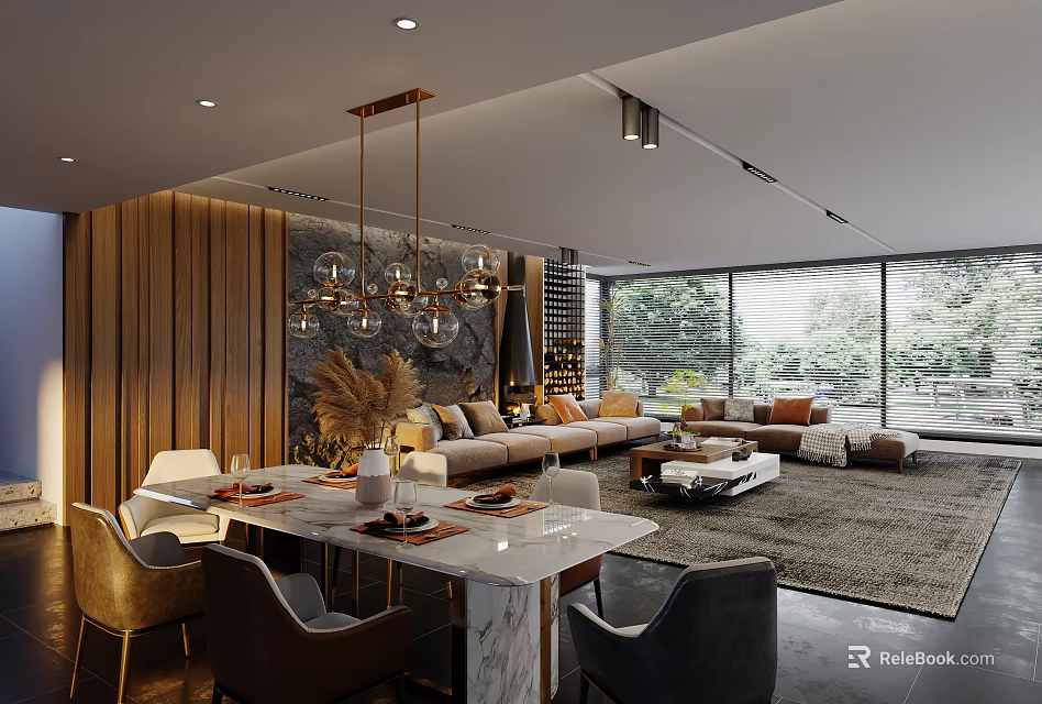 Modern Dining Living Room With Wooden Walls Chandelier Sofa Table And Floor to Ceiling Windows 3d model 