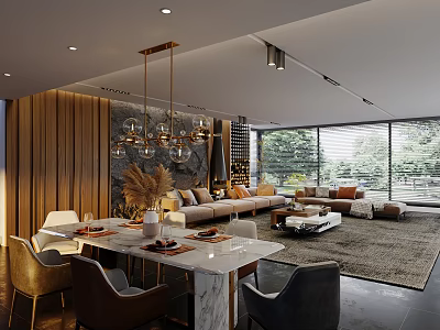 Modern Dining Living Room With Wooden Walls Chandelier Sofa Table And Floor to Ceiling Windows 3d model