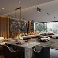 Modern Dining Living Room With Wooden Walls Chandelier Sofa Table And Floor to Ceiling Windows