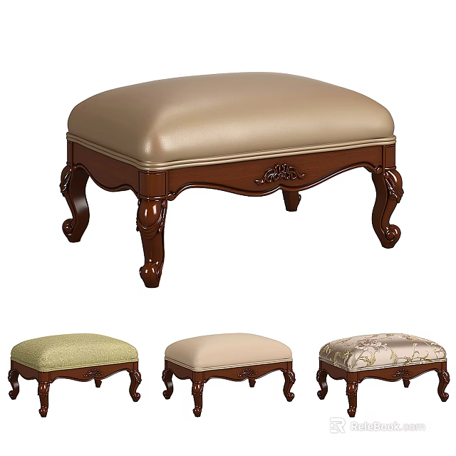 Classic Upholstered Sofa Stool With Carved Wooden Legs And Color Options 3d model 
