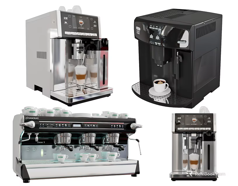 Modern Kitchen Appliances Featuring Various Coffee Machines In Silver And Black Designs 3d model