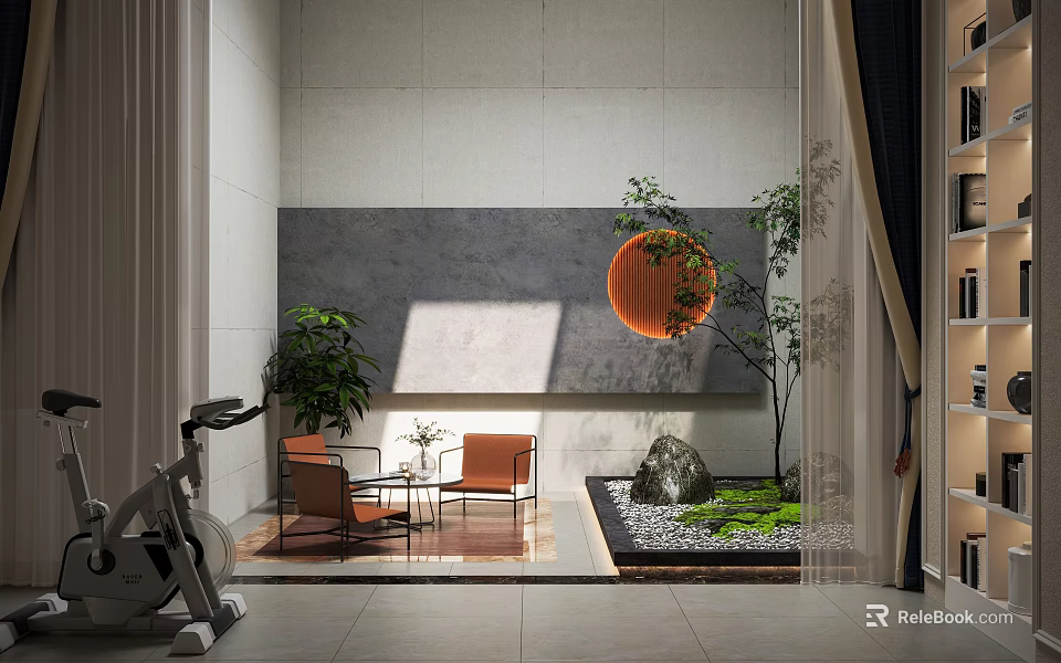 Modern Indoor Garden With Stone Moss Small Tree Orange Chairs And Gray Wall Interior 3d model 