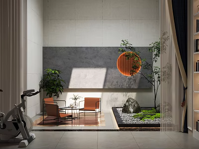 Modern Indoor Garden With Stone Moss Small Tree Orange Chairs And Gray Wall Interior 3d model