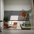 Modern Indoor Garden With Stone Moss Small Tree Orange Chairs And Gray Wall Interior