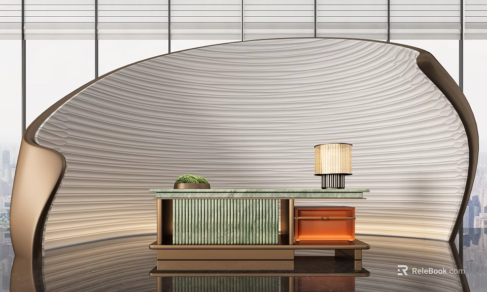 Modern Reception Desk With Curved Striped Wall Glass Top Table Lamp And Green Plant 3d model 