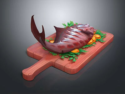 Fresh Cooked Fish on Wooden Cutting Board with Green Leaves and Orange Slices 3d model