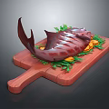 Fresh Cooked Fish on Wooden Cutting Board with Green Leaves and Orange Slices
