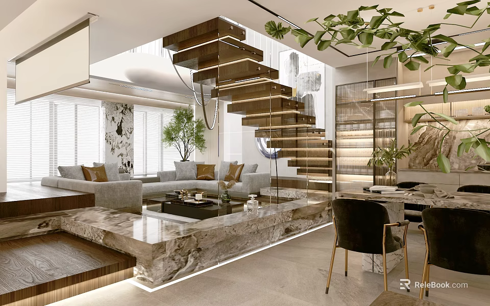 Modern Living Dining Area Interior Design with Spiral Staircase Grey Sofa Marble Leafy Plants 3d model 