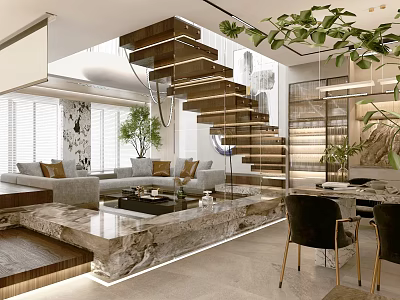 Modern Living Dining Area Interior Design with Spiral Staircase Grey Sofa Marble Leafy Plants 3d model