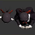 Game Movie Character With Mini Companion In Dark Dress Red Accents Holding Heart Object Standing