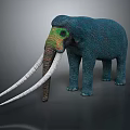 Blue And Green Mammoth Sculpture With Long White Tusks And Detailed Texture