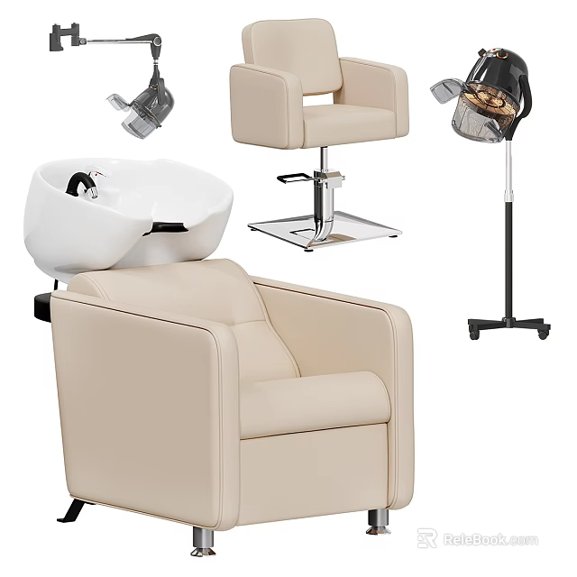 Beige Leather Single Sofa In Barbershop With Wash Basin And Hair Dryer 3d model 