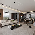 Modern Living Room With Beige Sofa Large Windows Scenic View Coffee Table And Area Rug