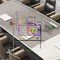 Modern Wooden Conference Table With Gray Chairs Laptop Documents And Flower Vase