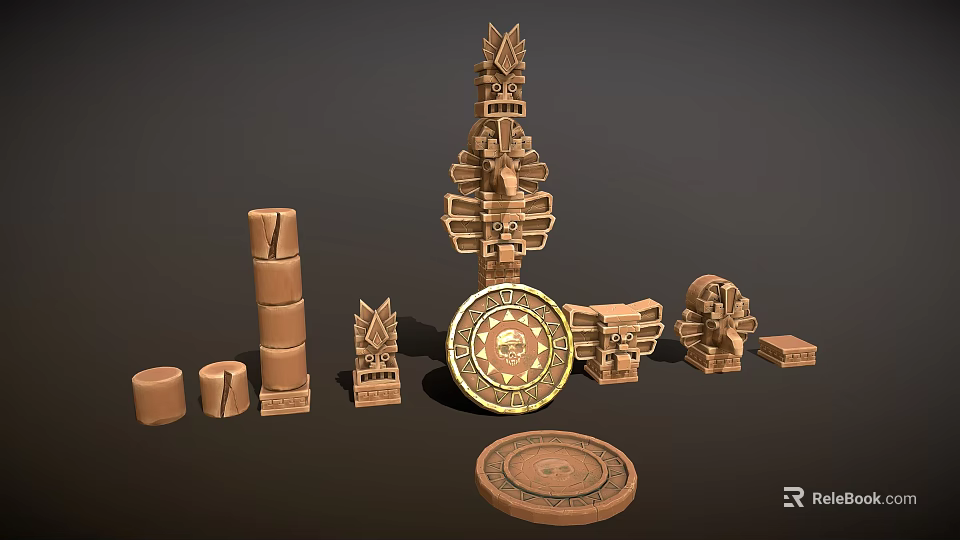 Wooden Stone Carved Sculptures Mayan Inspired Tower Columns Discs With Intricate Patterns 3d model 