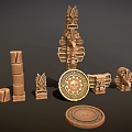 Wooden Stone Carved Sculptures Mayan Inspired Tower Columns Discs With Intricate Patterns