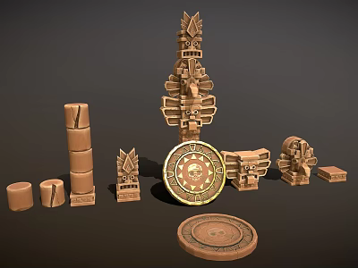 Wooden Stone Carved Sculptures Mayan Inspired Tower Columns Discs With Intricate Patterns 3d model