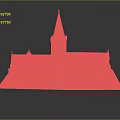 Church Model With Red Brick Structure Gray Spire Green Roof And Windows On Base