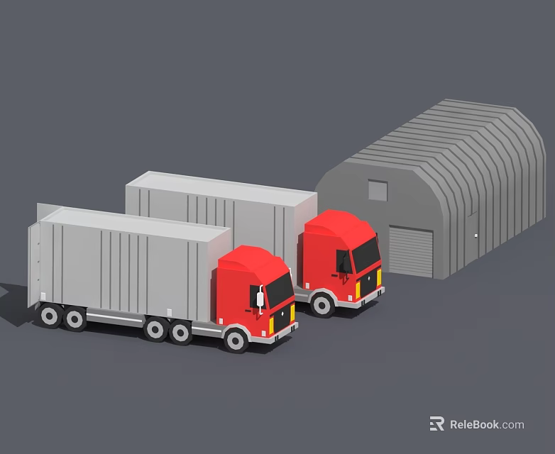 Two Red Garbage Trucks Parked In Front Of Metal Garage Building 3d model 
