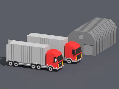 Two Red Garbage Trucks Parked In Front Of Metal Garage Building 3d model