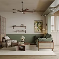 Modern Cozy Living Room Interior With Green Sofa Wooden Divider Artwork And Coffee Table