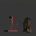 Red Forklift and Wooden Barrel on Stand with Hanging Blue Lamp