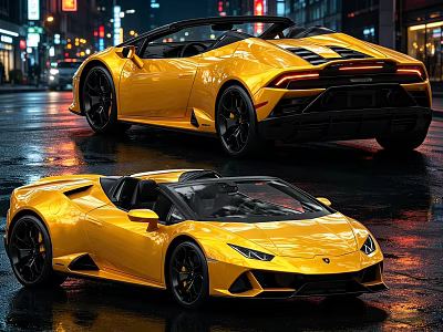 Yellow Convertible Sports Car On Rainy Night City Street With Neon Lights And Wet Road 3d model