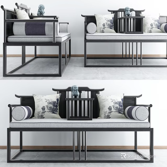 Chinese Traditional Multi Person Sofa With Wooden Frame And Decorative Cushions 3d model 