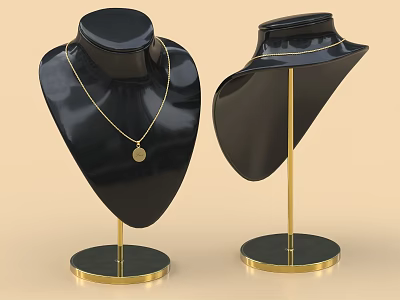 Elegant Gold Necklace Jewelry Display on Black Stands with Gold Accents and Marble Bases 3d model