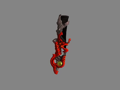 Decorative Red and Black Weapon with Metallic Black Base Curved Red Elements and Green Gemstone 3d model